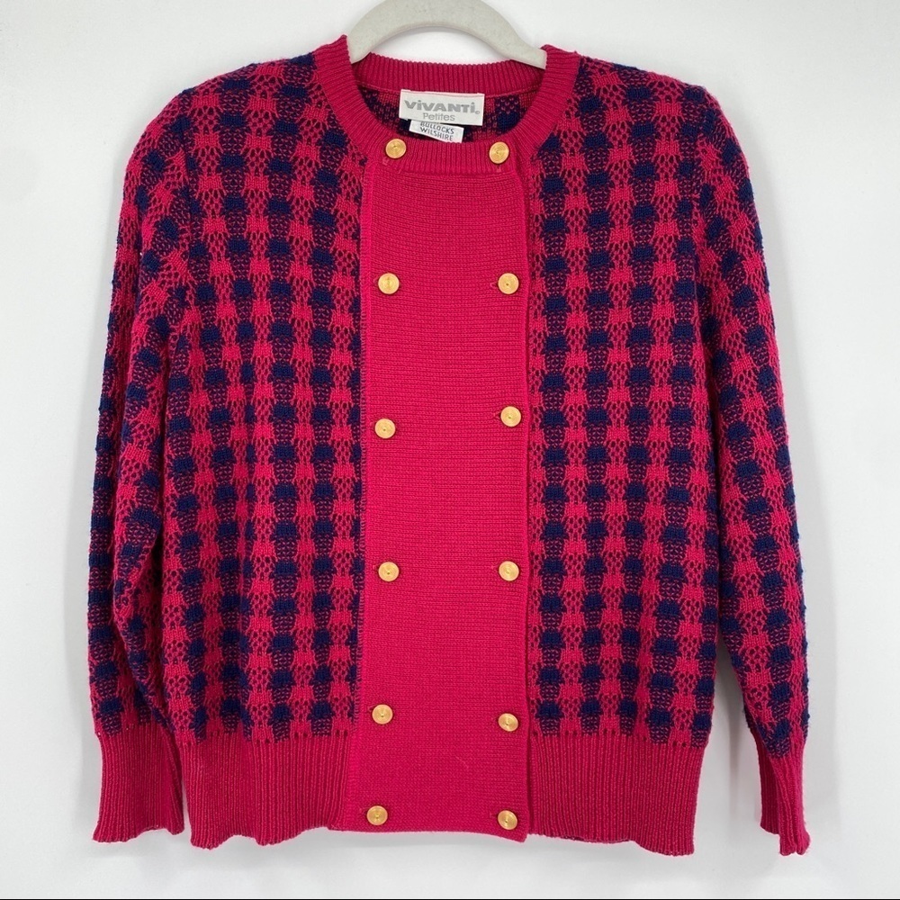 Vivanti Vintage Retro Sweater Double Breasted Red Blue Petite Size 4 Button 80s